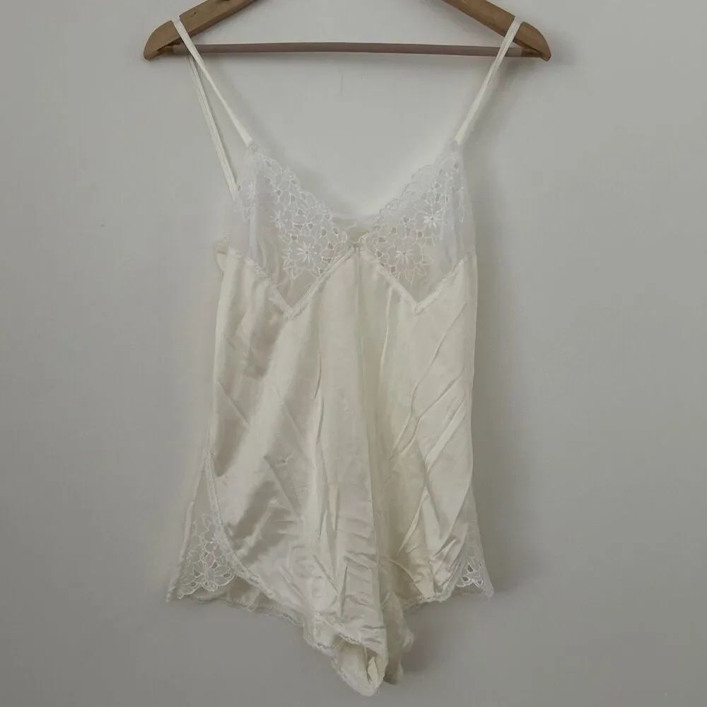 Vintage Lily of France Bodysuit Lingerie Off-White Lace Satin Teddy Nylon Small